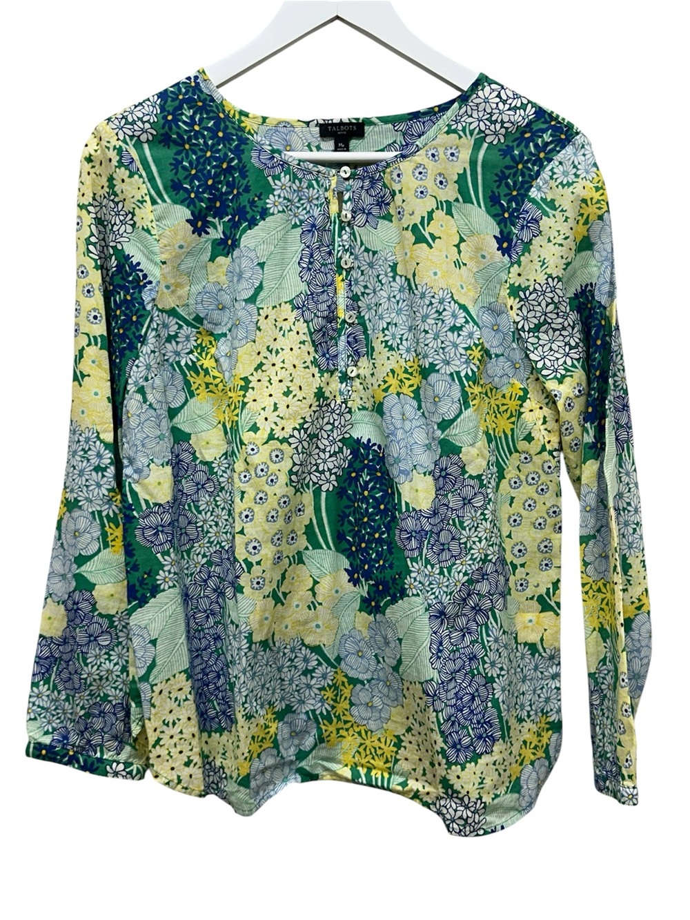 Talbots MP Floral Blouse Henley Cotton Green Blue Yellow Botanical Button Front